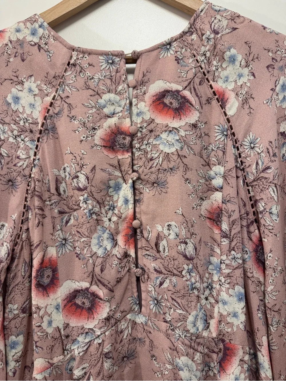 Blu Pepper Dusty Rose Floral Long Sleeve Mini Babydoll Dress L NWT